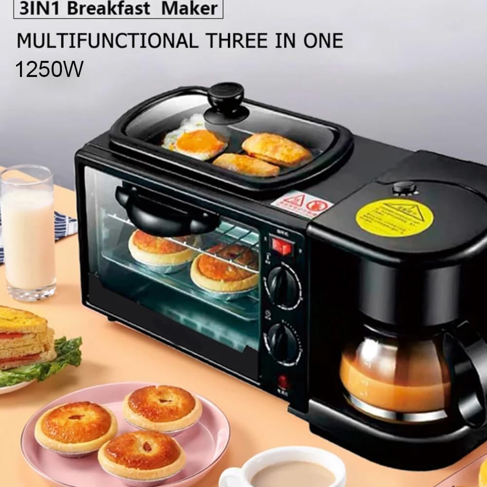 3-in-1 Multifunctional Breakfast Maker: 1250W with Drip Coffee Machine, Oven, and Top Tray for Frying and Warming