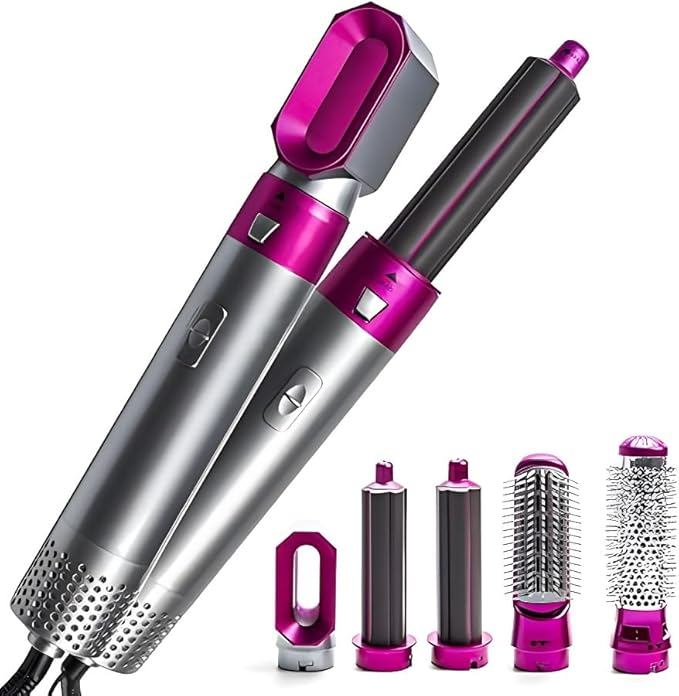 5-in-1 Hot Air Hair Dryer and Curler Tool Set – Multi-Function Hair Styler for Curling, Drying, Straightening, Volumizing, and Smoothing with Interchangeable Attachments