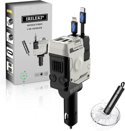 Retractable Car Charger 4 in 1 Ultra Fast with 2 Retractable Cables