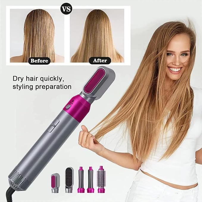 5-in-1 Hot Air Hair Dryer and Curler Tool Set – Multi-Function Hair Styler for Curling, Drying, Straightening, Volumizing, and Smoothing with Interchangeable Attachments