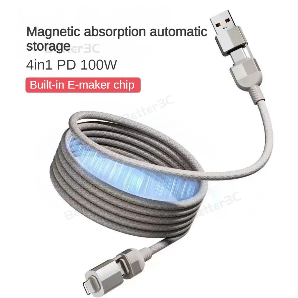 100W Magnetic  4 in 1 automatic storage weave car charger cable for ios/Type C